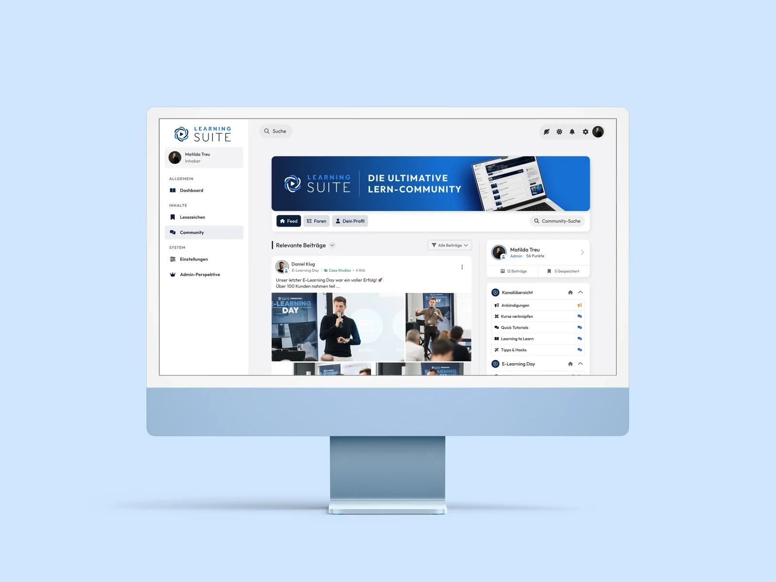 White-label learning community example in a blue brand theme