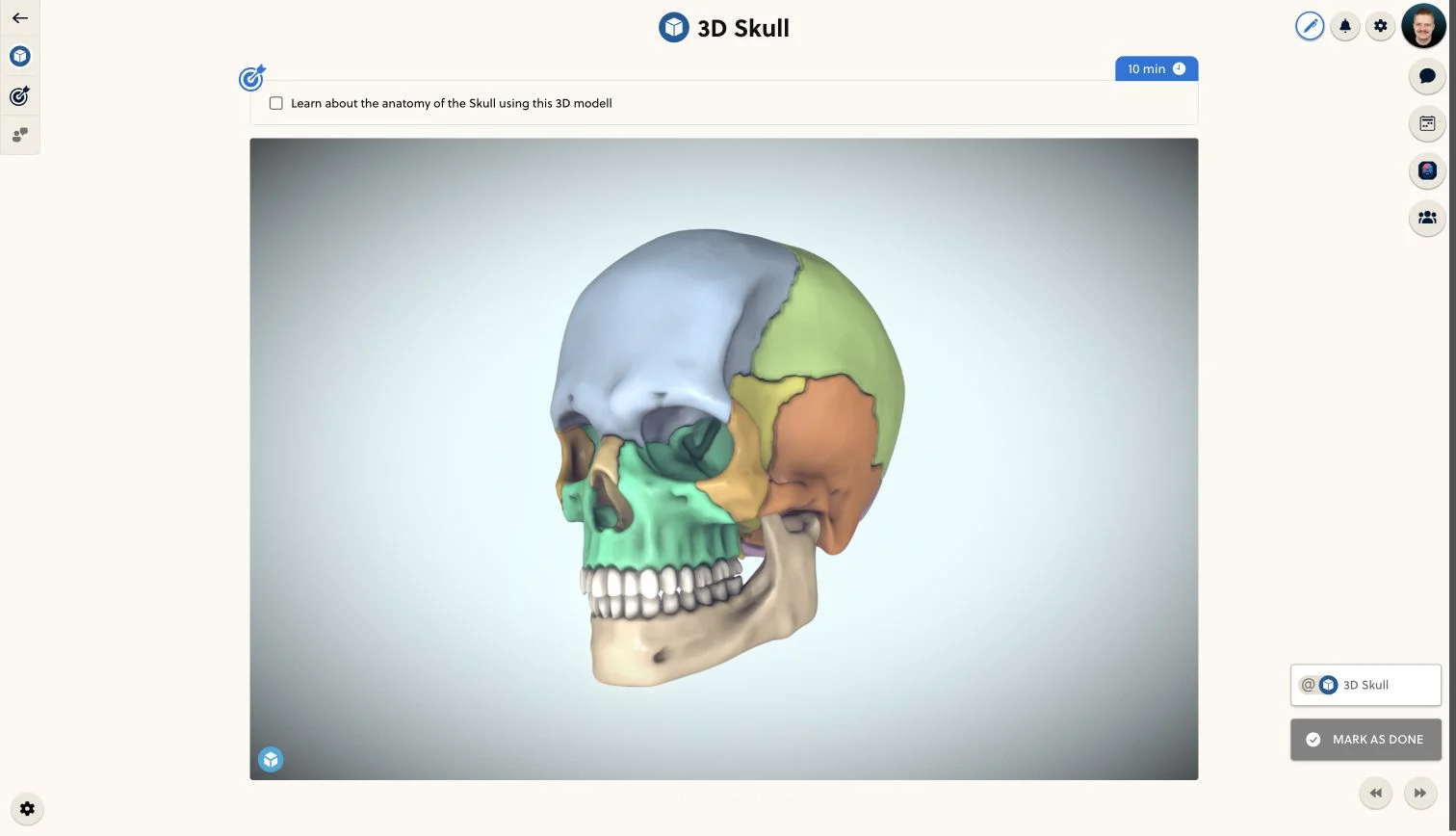 A colored 3D skull model rendered inside a PrepOS anatomy lesson